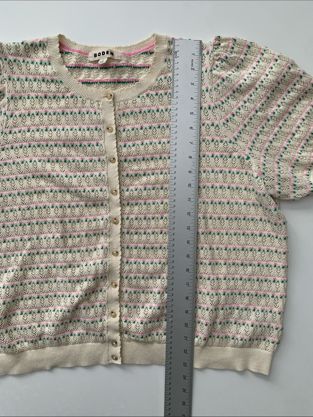 Boden Dot Pointelle Cardigan XL Cream Pink Green Cotton Puff Sleeve Sweater - Picture 13 of 15
